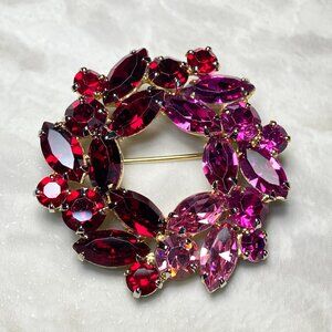 Vintage WEISS Bright Pink /Ruby Rhinestone Swirl Pinwheel Brooch SIGNED!